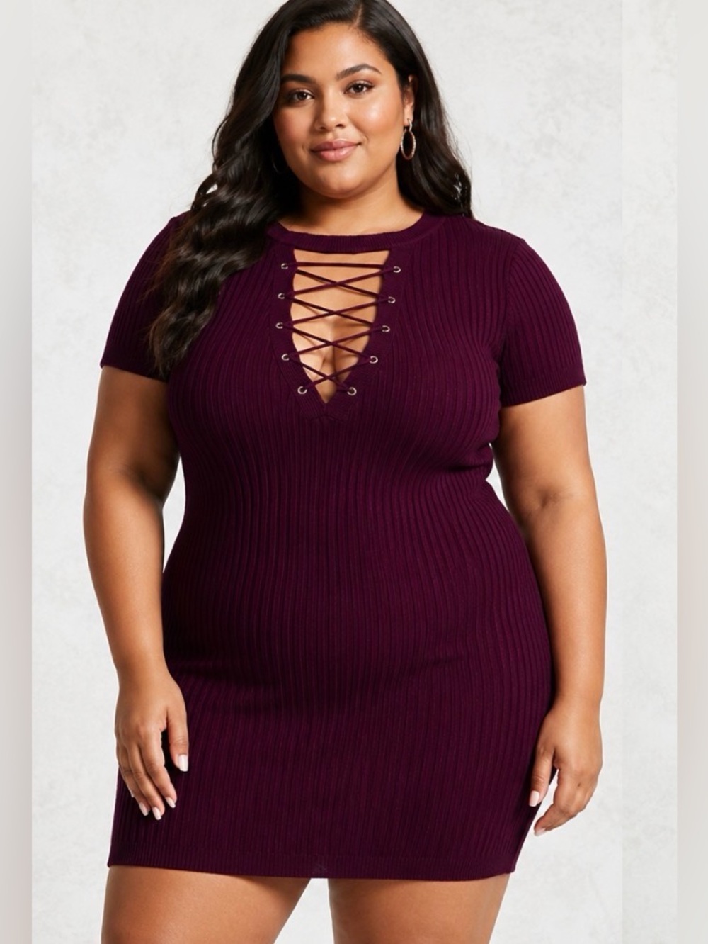Forever 21+ Plum Lace-Up Short Sleeve Ribbed Mini Dress Size 2X